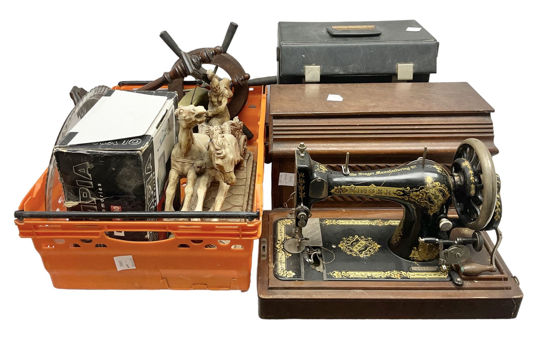 Composite figure of a Roman chariot, together with Olympia NK4040 camera, sewing machine and other collectables, in two boxes  