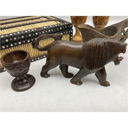 Porcupine quill box, carved treen folk art jug, probably Norweigan/Scandinavian, carved figure of a lion, egg cup, and pair of vases