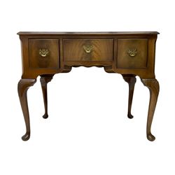 George III design mahogany low boy, rectangular top fitted with three drawers, raised on cabriole supports with shell moulding, with pad feet