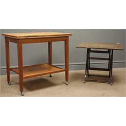  Teak two tier folding games table with green baize, and square tapering suppots, (W66cm, H61cm, L92cm), and a mid to late 20th century 'Meredew Furniture' oak folding side table.  