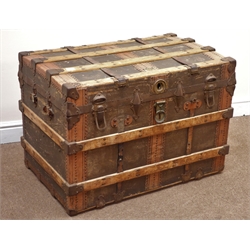  Vintage wood and metal bound travelling trunk, hinged lid, W90cm, H63cm, D57cm  