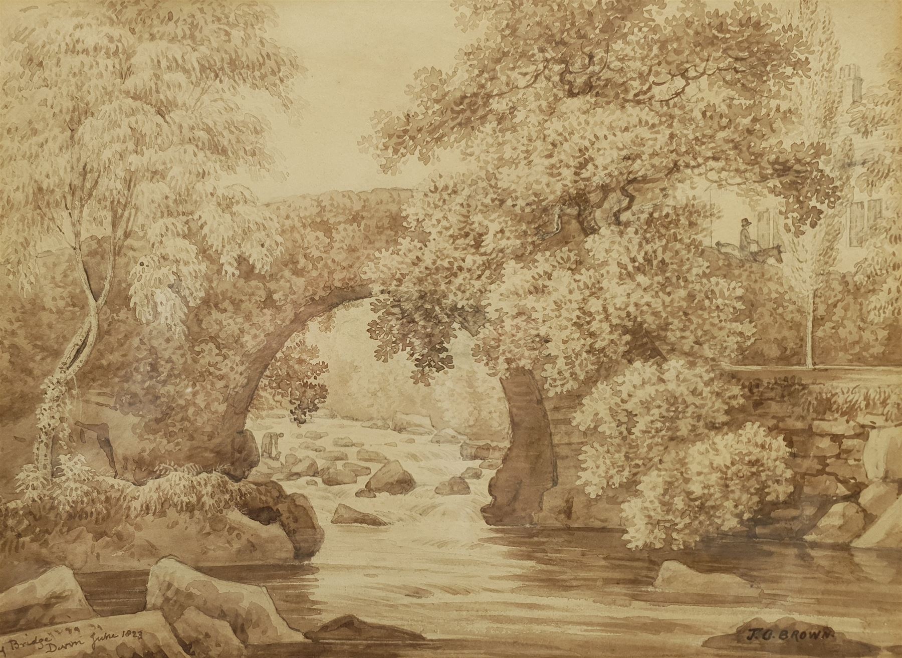 J Brown (British 19th century): 'Ivy Bridge Near Plymouth', monochrome watercolour signed and dated 1823, 29cm x 39cm