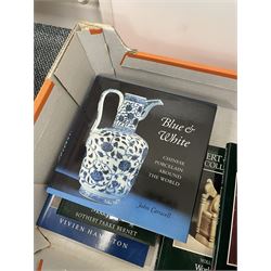 Box of antiques reference books - including Robert von Hirsch Collection catalogues; 'Glasgow Girls' Ed. by Jude Burkhauser; 'Blue & White, Chinese Porcelain Around the World' by John Carswell; Porcelain for Palaces, The Fashion for Japan In Europe', Celadon Wares; etc.
