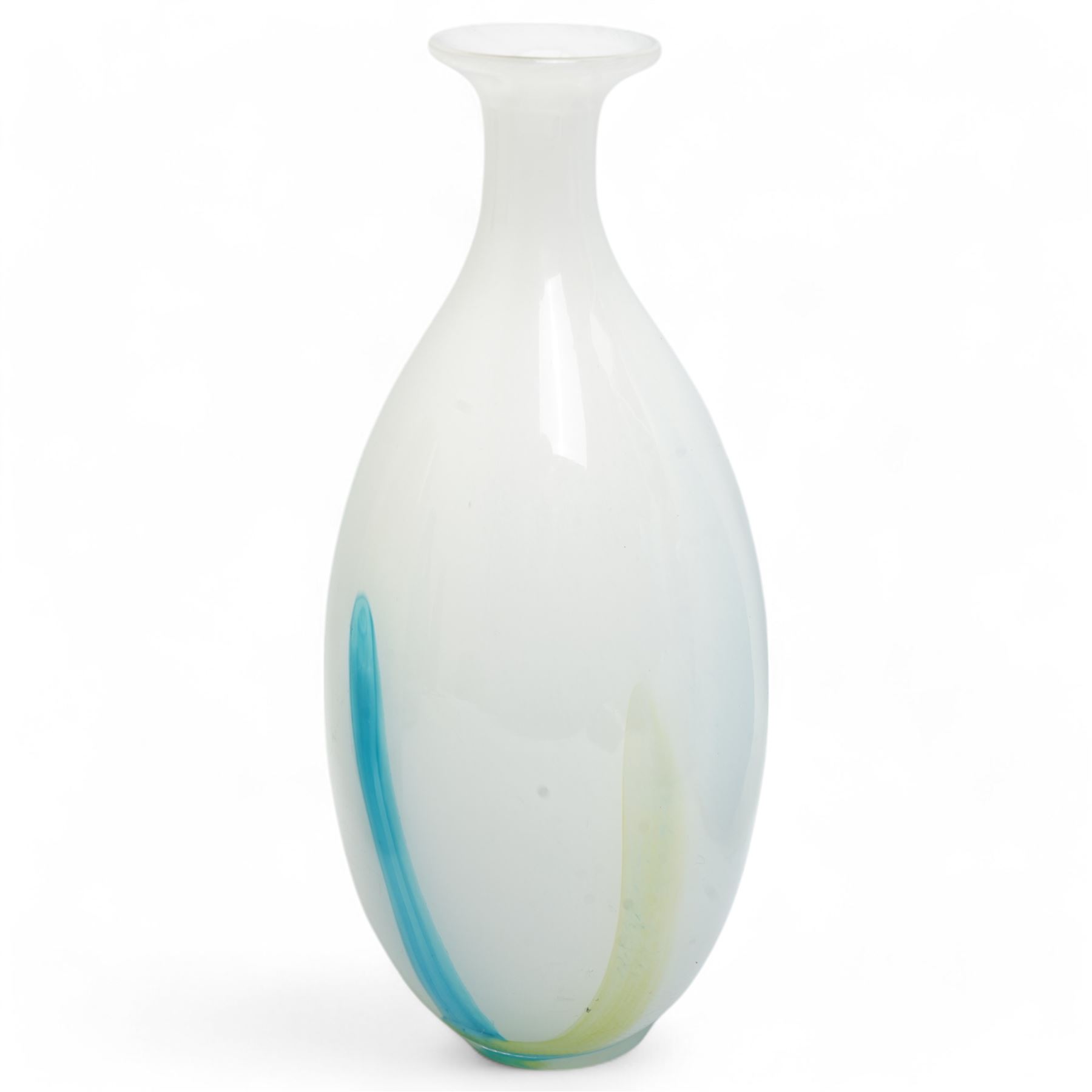Art Nouveau style blue and white glass vase, of baluster form with elongated neck, the decorative green stems leading towards a petal shaped rim, H29cm; together with four similar art glass vases, tallest H36cm (5)