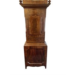 Late 19th century 30 hour Yorkshire mahogany longcase clock, with a swans necked pediment and break arch hood door flanked by two ring turned pilasters, trunk with a short door with a bone escutcheon on a wide plinth with a recessed panel, painted dial with a depiction of a sportsman to the arch and game birds to the spandrels, Roman numerals, minute markers and brass hands, chain driven countwheel striking movement. With weight and pendulum.