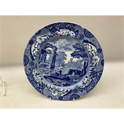 Early 20th century Royal Doulton transfer printed plate, with hand painted turkeys amongst mistletoe and holly leaves, with green and gilt pie crust rim, circa 1902, with impressed, printed and painted marks beneath, together with early 19th century Spode blue and white Italian pattern plate, with blue and impressed mark beneath, and further Copeland Spode 'Spring' pattern plate (3)