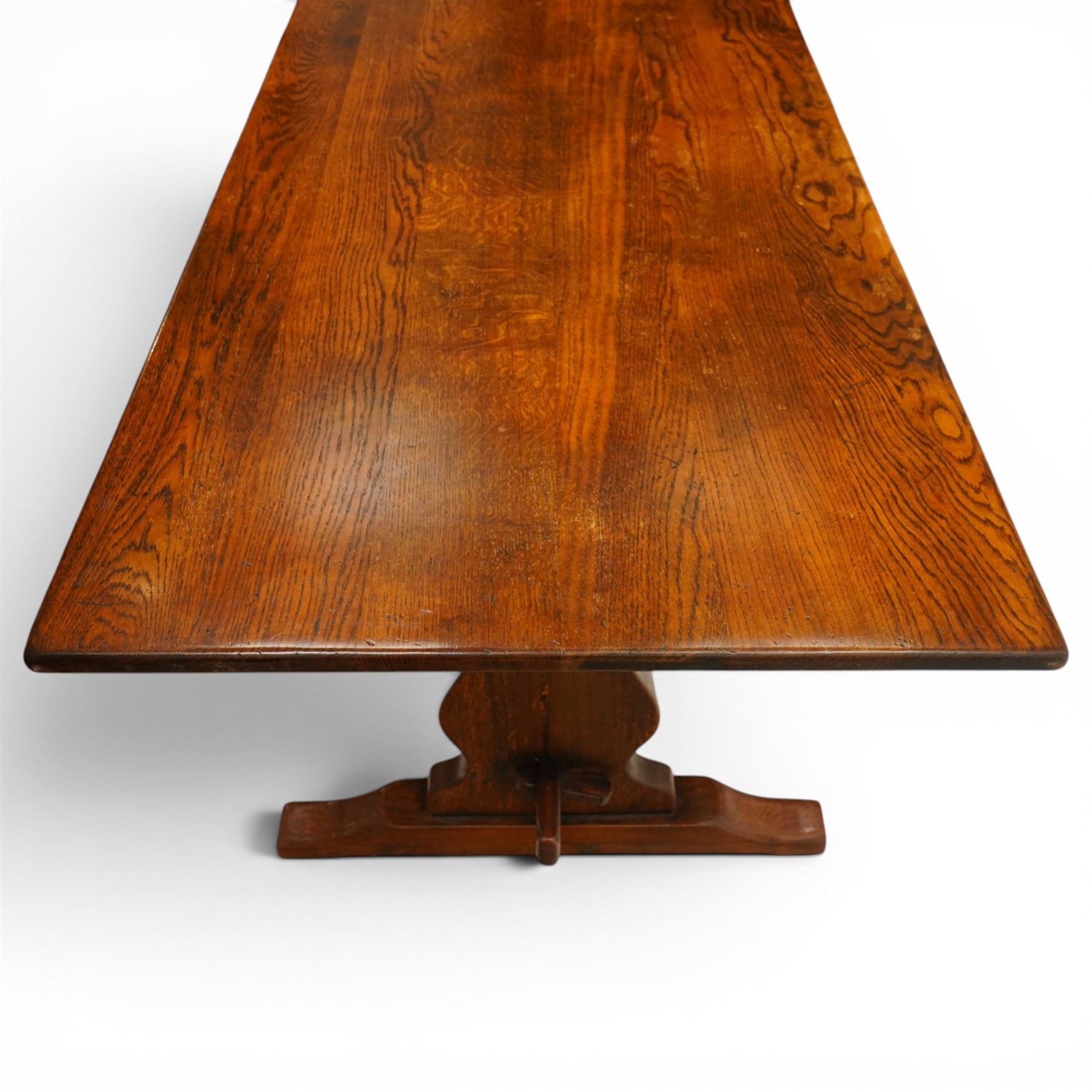 Batheaston Bespoke Furniture Harrogate - 17th century design oak refectory dining table, rectangular top raised on shaped end supports with sledge feet, united by pegged stetcher