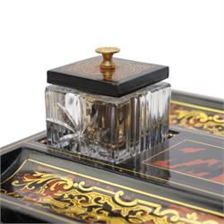 Mid 19th century Boulle inkstand in cut brass and tortoiseshell with beaded decoration with two pen trays and two inkwells on a single drawer base and compressed bun feet W32cm 