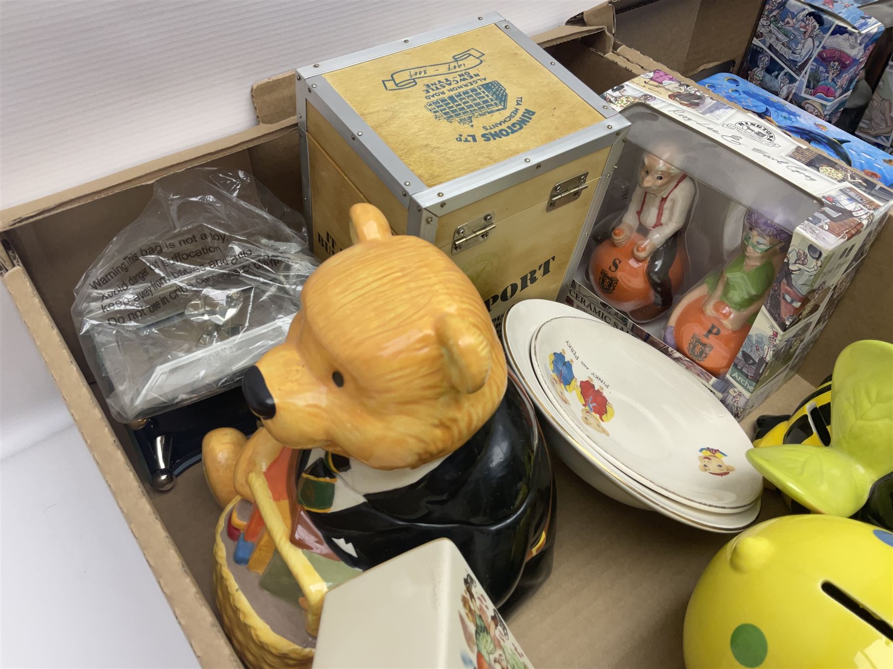 Collection of Ringtons novelty ceramics including money boxes, salt and pepper shakers, etc