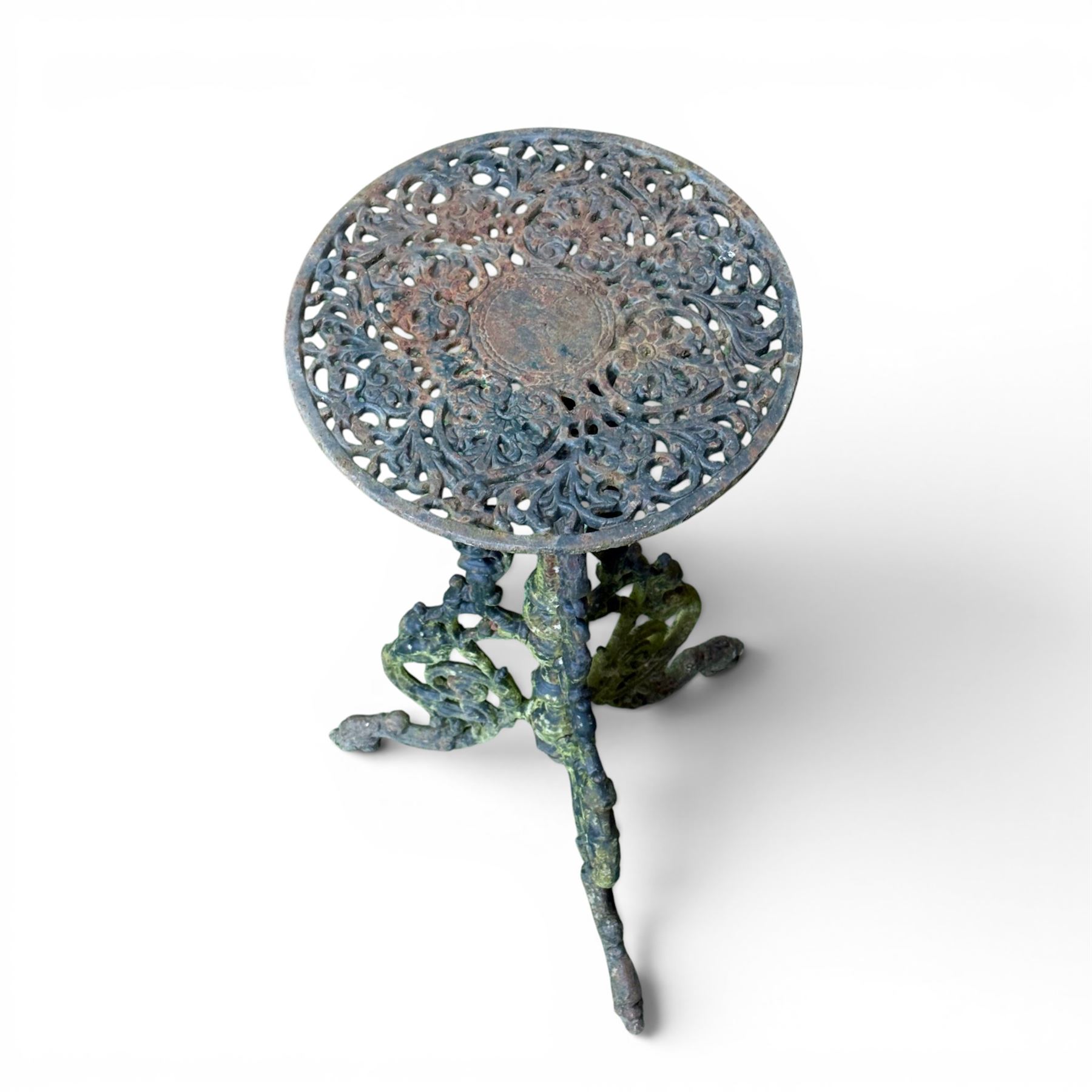 19th century ornate cast iron high garden drinks table, small circular pierced top, raised on three legged base