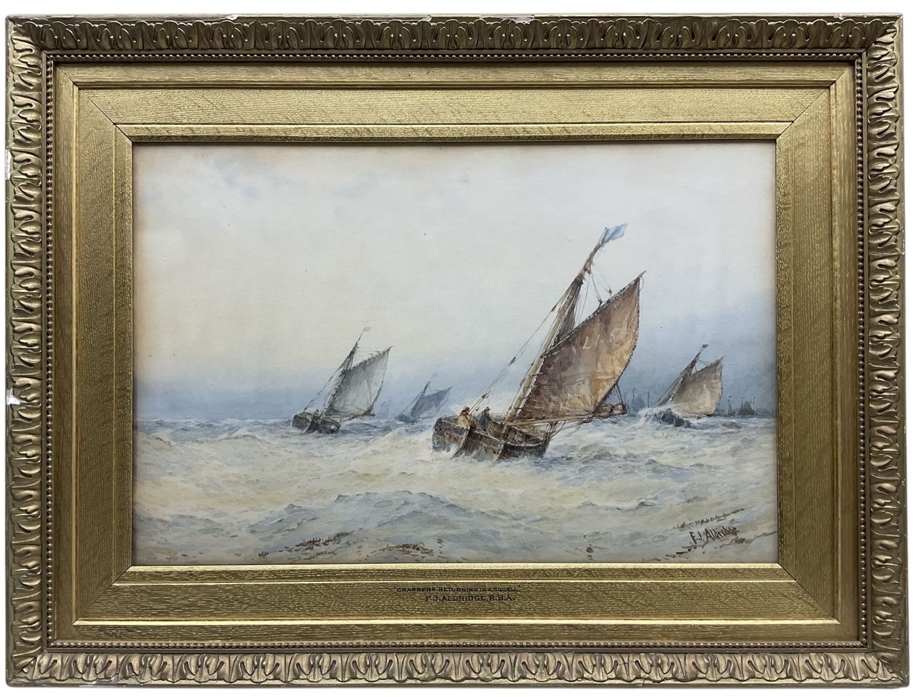 Frederick James Aldridge (British 1850-1933): ‘Crabbers Returning in a Squall’, watercolour signed, titled on frame 34cm x 52cm 
Provenance: private collection, purchased David Duggleby Ltd 23rd June 2017 Lot 18; exh. 32nd Dudley Gallery Art Society Exhibition 1896 no. 242, label verso