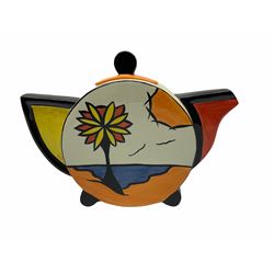 Lorna Bailey Old Ellgreave Pottery, comprising teapot in beach design, circular jar in house and path design, shell jug in Bridge and stream design, squat jug in Pagoda design and plate decorated with an Art Deco woman, all with printed and painted marks. 