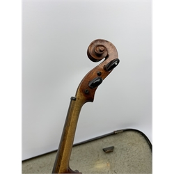 1920s German violin for completion with 36cm two-piece maple back and ribs and spruce top, lacks tailpiece, bridge and strings, 59cm overall, in carrying case