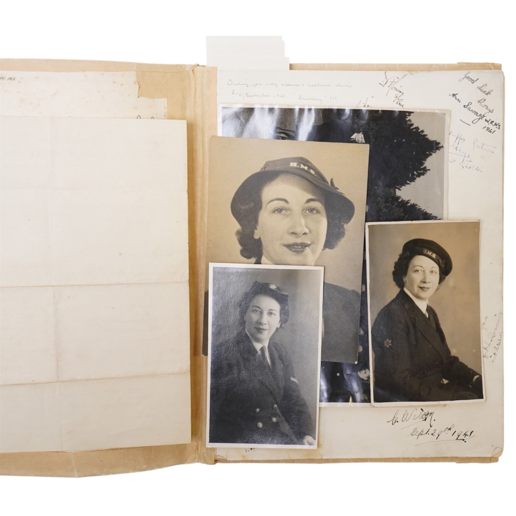 Violet Elizabeth Clifford - Chief Petty Officer 1940-1946, copy of Greenwich Palace  Guide Book containing a collection of photographs, autographs, drawings etc collected during her time at the Combined Operations Training Centre, Inverary which closed in 1946, together with a White Ensign 