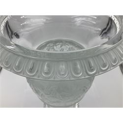 Large and impressive Lalique Versailles pattern glass vase, of classical baluster form with gadrooned flared rim, the body moulded in relief with fruiting vines above part fluting, upon a spreading circular foot with moulded decoration, and plain square plinth base, signed Lalique France to side of plinth, overall H35cm, with original box 