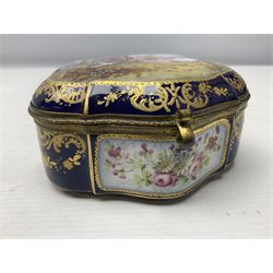 Sevres style late 19th/early 20th century trinket box decorated in the rococo style, the shaped cover painted with an 18th century courting couple in a garden scene opening to reveal the interior painted with floral sprays, the conforming body with a painted panel of floral decoration, all reserved upon cobalt blue ground with foliate gilt borders, with interlaced L's mark beneath, L12cm H6cm