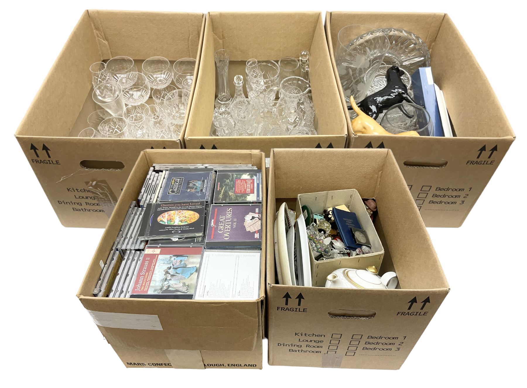 Royal Worcester Gold Chantilly pattern dish, Royal Doulton Naples pattern teapot, Beswick dogs (a/f), other ceramics and glassware to include Royal Doulton etc, die-cast to include Corgi etc, together with a quantity of cds, in five boxes