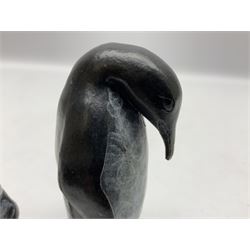 Steve Boss (British 1970-); Bronze figure group of a family of Emperor penguins, entitled Waddle, all with artists monogram beneath, tallest H12cm