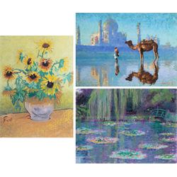 Rolf Harris (Australian 1930-): 'Sunrise - Taj Mahal' 'Rolf on Art - Monet' and 'Rolf on Art - Van Gogh', set of three limited edition giclee prints signed and numbered respectively, largest Sunflowers 66cm x 49cm (3)
