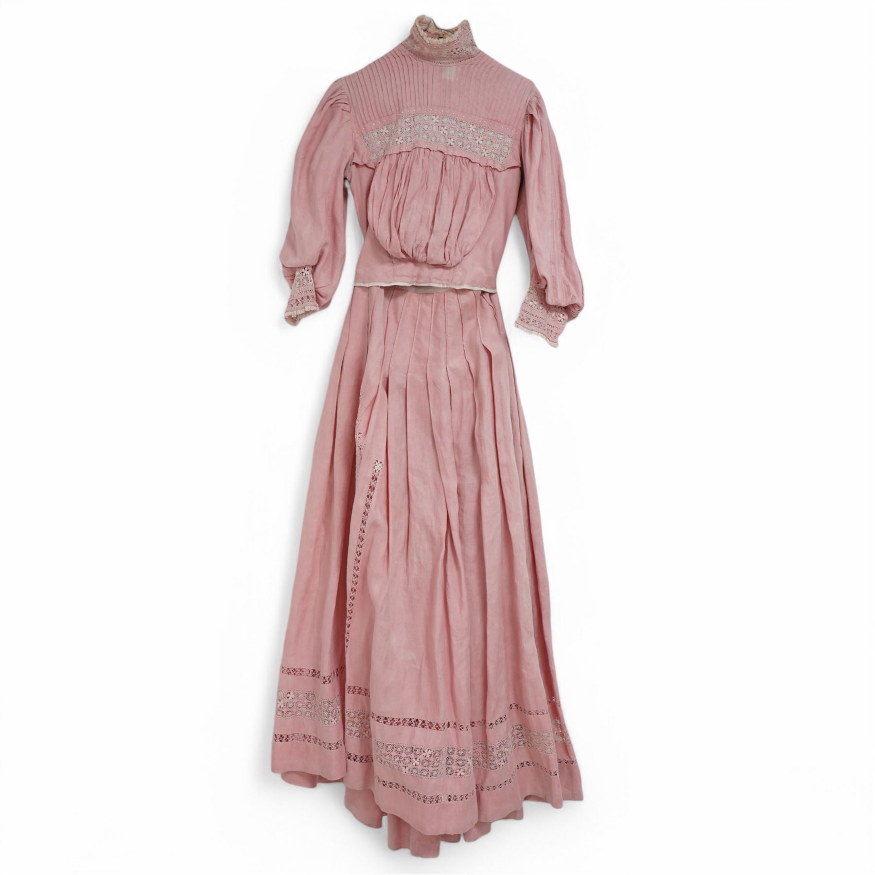 Edwardian ladies pink linen bodice and skirt, with eyelet closure and lace detailing to skirt cuffs and collar, with gathered and pleated detailing 