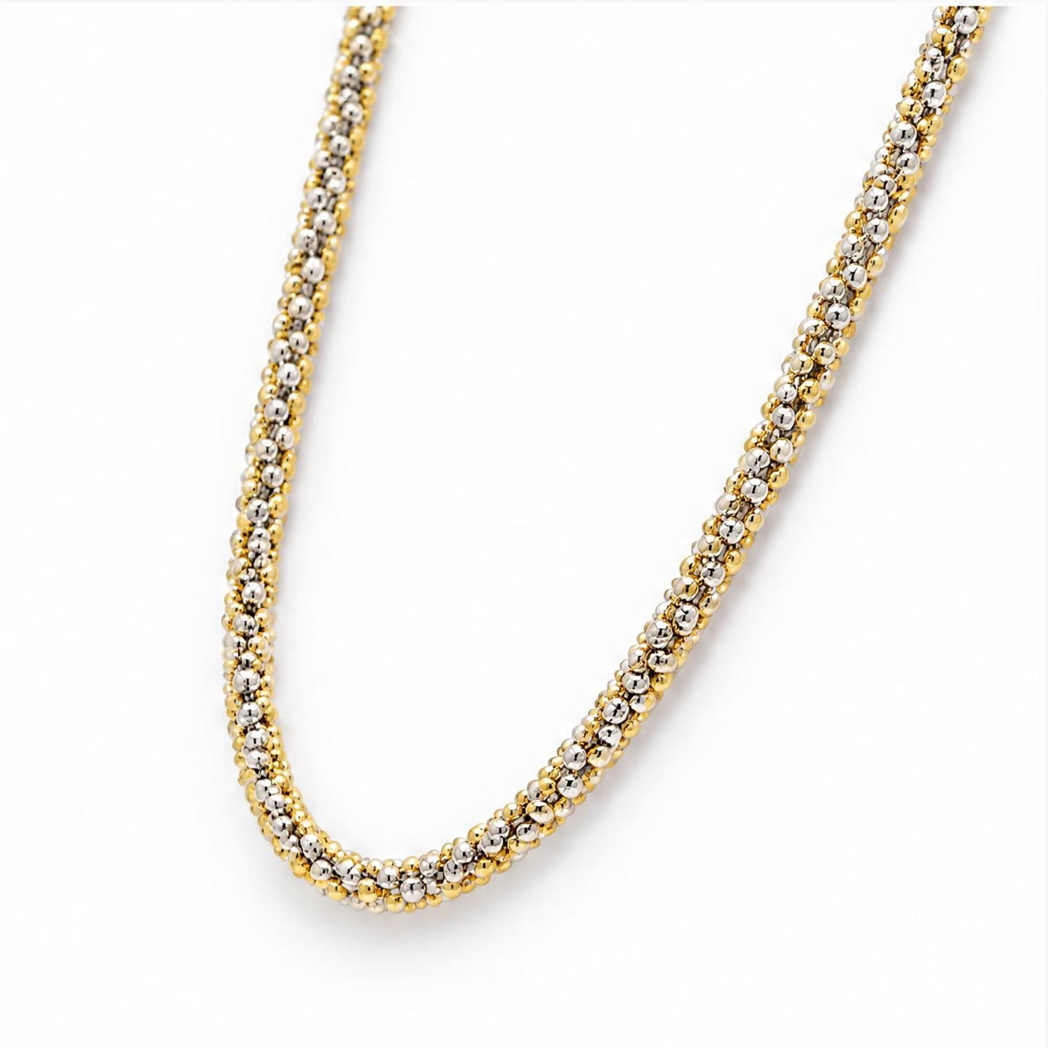 18ct white and yellow gold bead link necklace, stamped 750