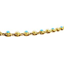 Early 20th century gold split pearl and turquoise necklace, stamped 15ct, in velvet and silk lined box by London & Ryder, New Bond Street