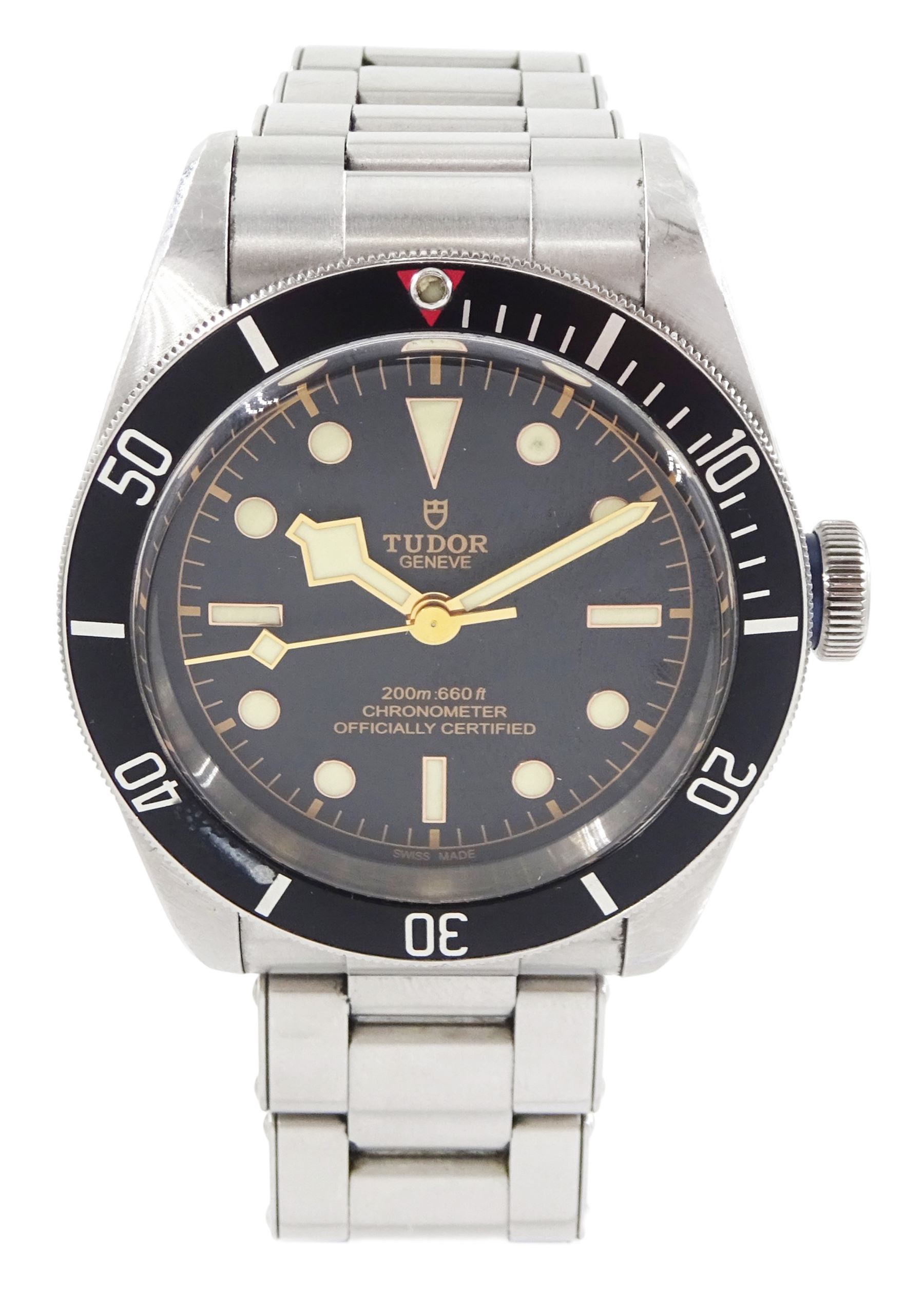 Tudor Black Bay Heritage gentleman's stainless steel automatic wristwatch, Ref. 79230N, serial No. Q106276, black dial with luminous dot and baton hour markers, on Tudor bracelet, with fold-over clasp, boxed with additional links and guarantee card dated 2019