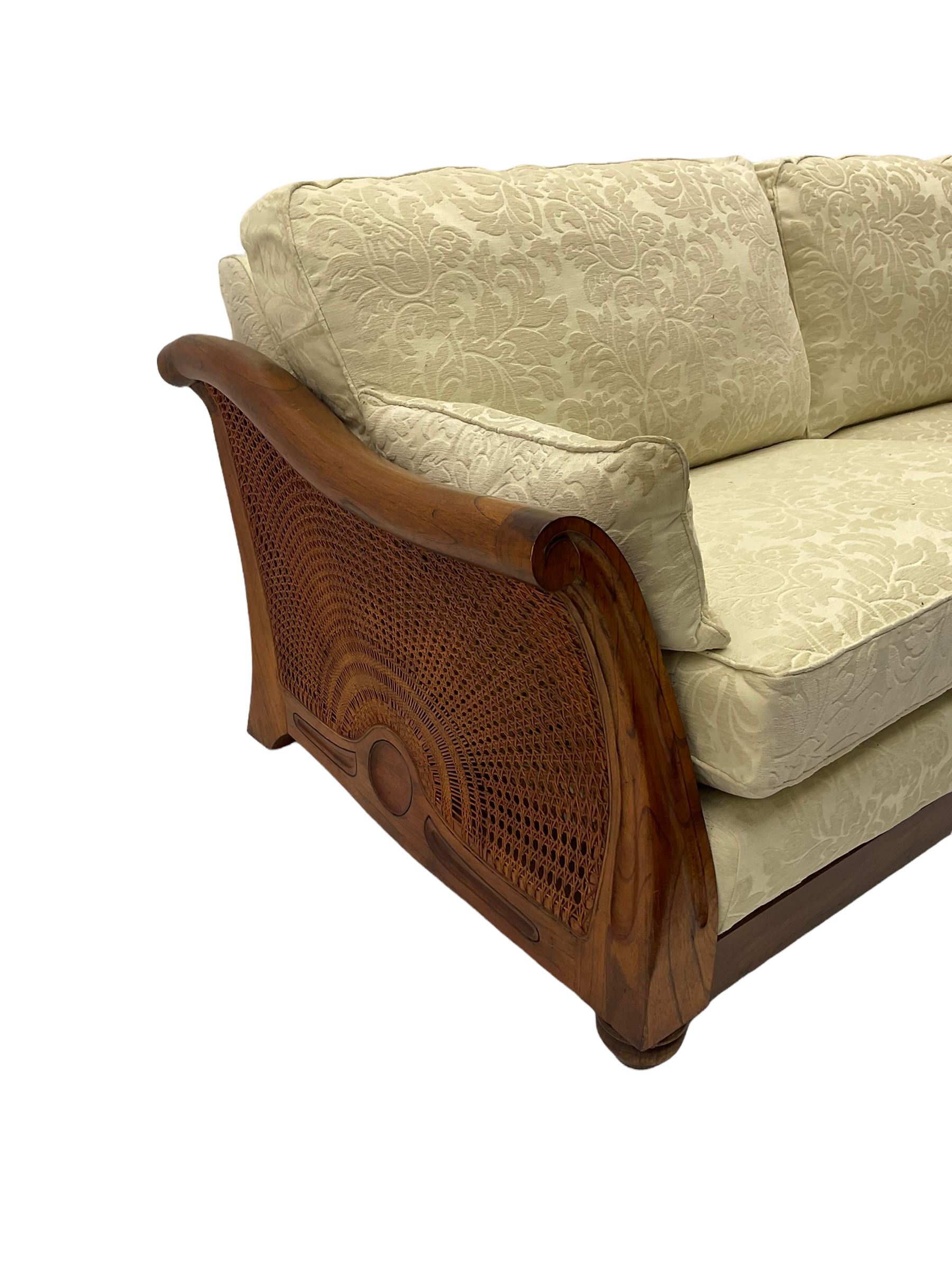 Multi-York - Hardwood framed bergère lounge suite, three seat sofa (W204cm), and pair matching armchairs (W90cm), upholstered in cream floral pattern fabric 