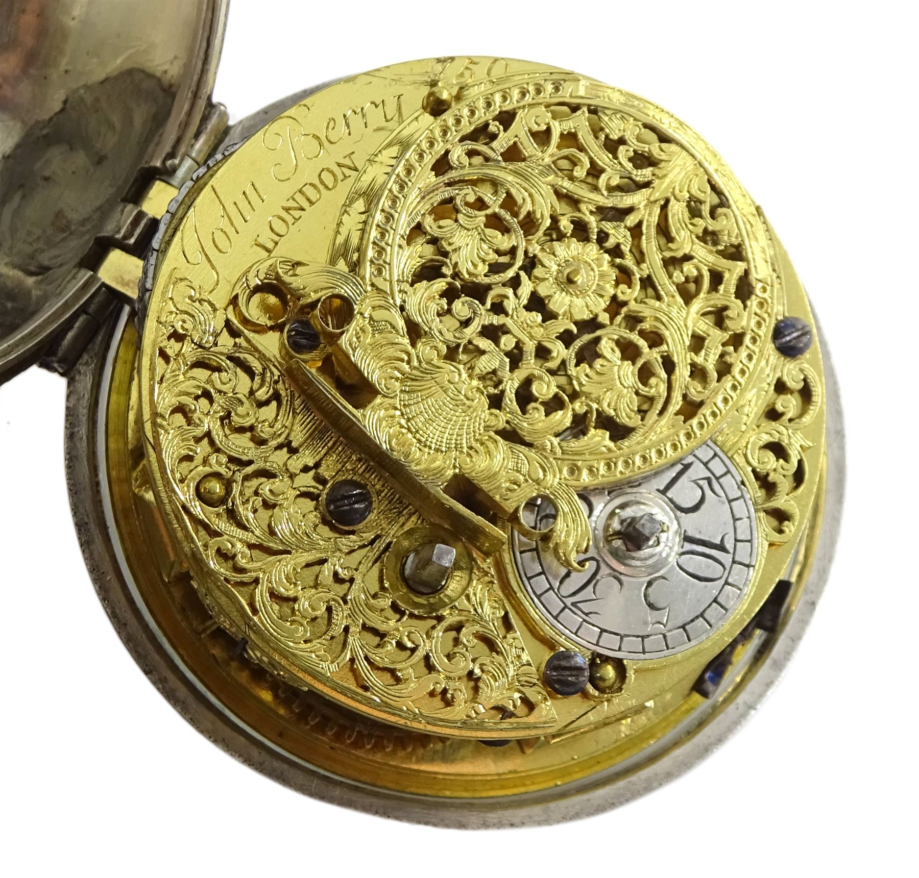 18th century silver pair cased verge fusee pocket watch by John Berry, London, No. 750, Egyptian pillars, pierced and engraved balance cock with scallop shell decoration, silver champleve dial with gilt border, Roman hours and outer Arabic minute ring, steel beetle and poker hands, dial signed Berry London