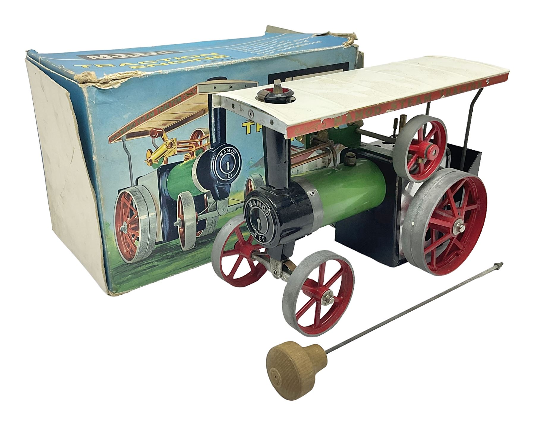 Mamod TE1A live steam traction engine with burner, scuttle and steering rod; boxed