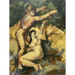 English School (Mid 20th century): 'Paraphrasing Michaelangelo's Fresco Eve Beneath the Tree of Good and Evil', oil on board indistinctly signed, titled and inscribed 'Diary No.37' verso 25.5cm x 20cm (unframed)