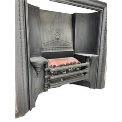 Fireplace - early 20th century oak surround with moulded mantle over turned pilasters (W145cm, H125cm, aperture - 102cm x 99cm), cast iron fire inset, electric coal effect fire, slate hearth (W148cm, D41cm), uprights and back