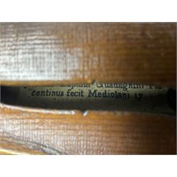 French violin c1900 labelled Guadagnini with 35.5cm two-piece maple back and ribs and spruce top, labelled 'Joannes Baptista Guadagnini Pla Centinus Fecit Mediolani 17**' L59cm overall; in hard carrying case