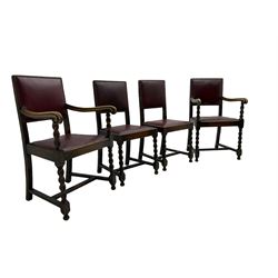 Set four early 20th century oak barley twist dining chairs, upholstered in burgundy leather with stud work, two carvers and two side chairs