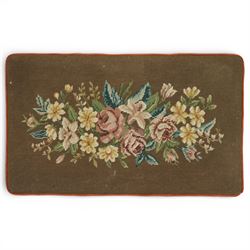 Georgian style mahogany dressing stool, rectangular upholstered top embroidered with a floral needlework panel within a velvet border and braid trim, moulded frieze, raised on cabriole legs terminating in large carved claw and ball feet