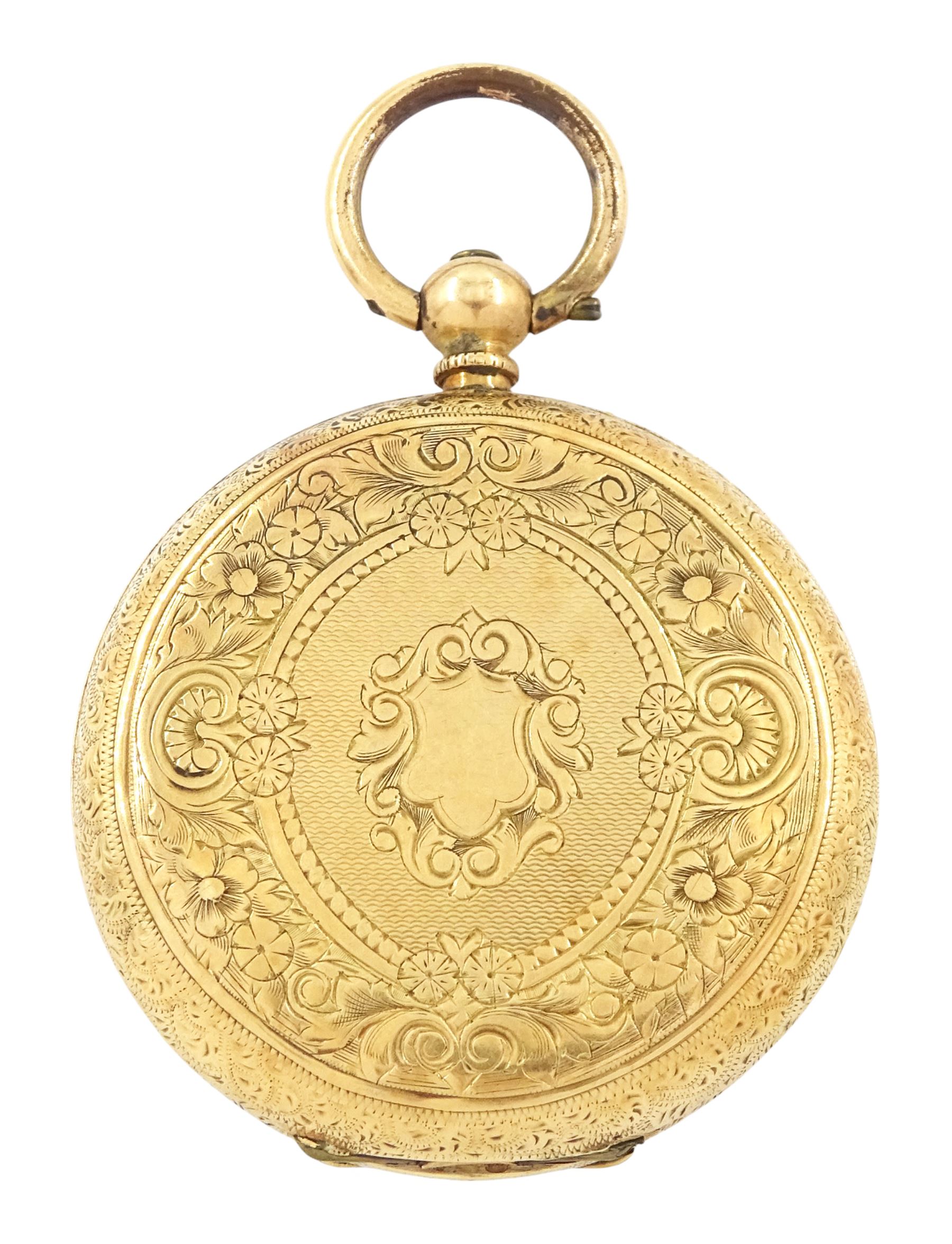 Early 20th century 14ct gold open face, key wound cylinder fob watch, engraved gilt dial with Roman numeral hour markers, case with engraved foliate decoration, stamped 14K