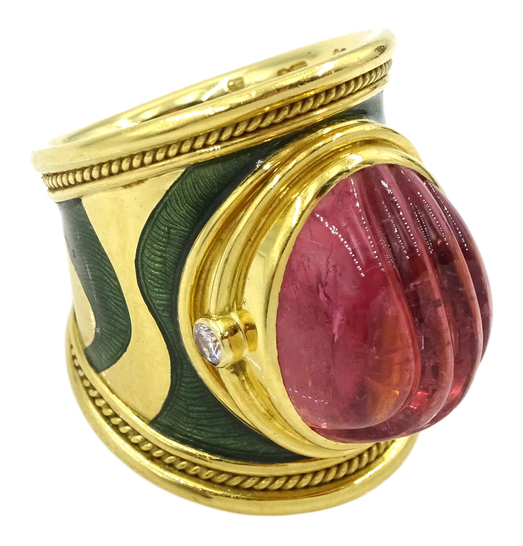 Elizabeth Gage 18ct gold tourmaline and diamond tapered Templar ring, the carved oval pink tourmaline cabochon with a round brilliant cut diamond set either side, the band featuring green guilloche enamel and the edges finished with wire-twist-wire decoration, London 1994, in original box
