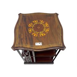 Edwardian inlaid mahogany revolving bookcase, shaped square moulded top with central motif and satinwood band, two tiers with pierced vertical splats, on swivel action base with ceramic castors