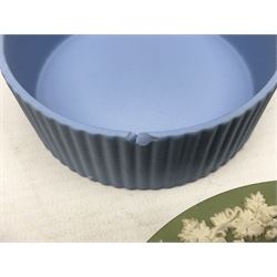 Wedgwood Jasperware to include lilac trinket box with original box, light blue vases, trinket dishes, boxes etc, together with a walnut box, coins and other collectables 