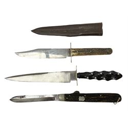 Hunting knife by J Nowill & Sons, Sheffield, the handle inset with mother of pearl, blade length 19cm; George Wolstenholme IXL lock-knife with antler scales L29cm open; and another Bowie style hunting knife marked 'V.R. Warranted Sheffield Joseph Ellis & Sons' in leather sheath (3)