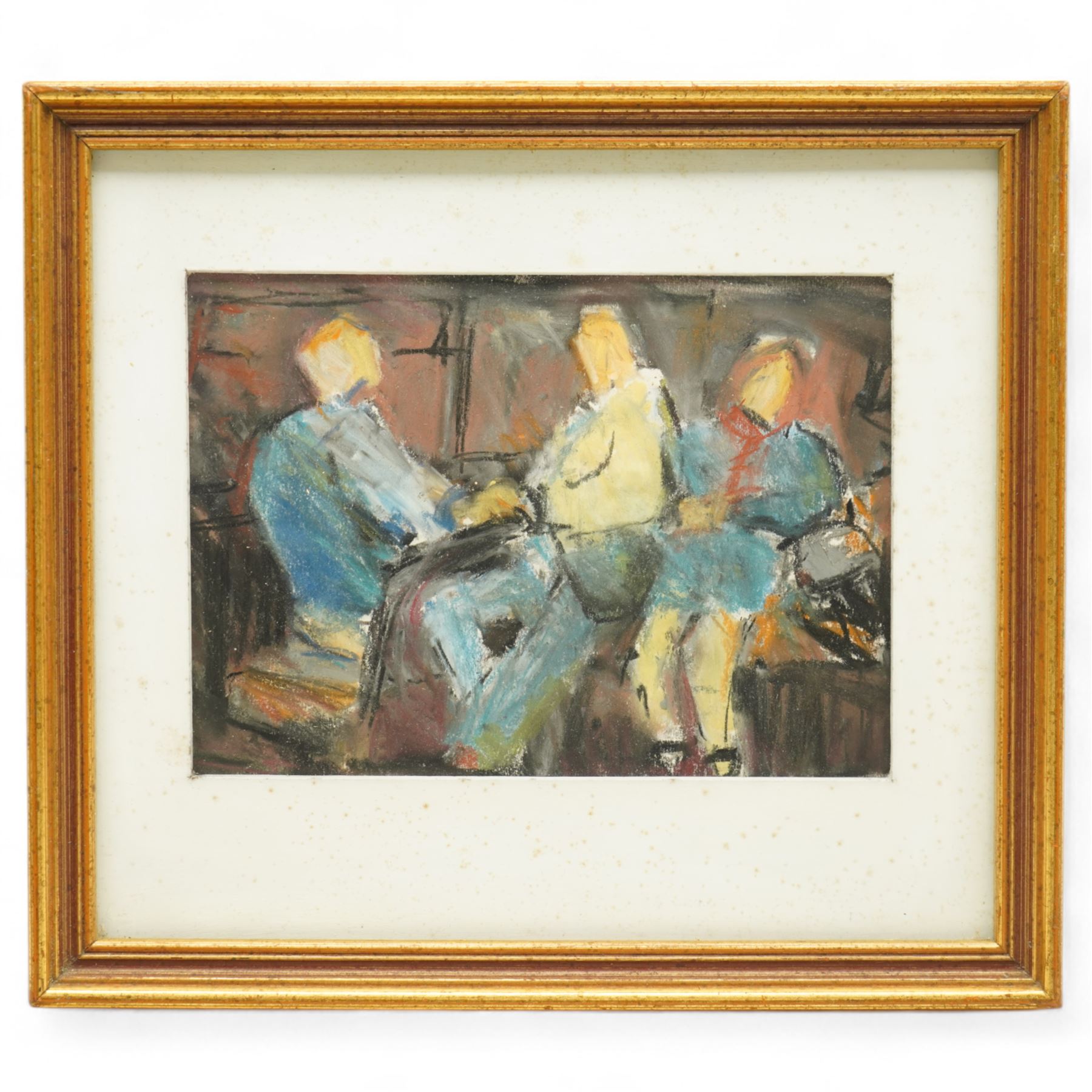 Barry De More (Yorkshire 1948-2023): 'Three on the Bus', pastel on card signed titled and dated 2006 verso 14cm x 20cm