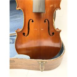 French Medio Fino violin c1920 for restoration and completion with 36cm two-piece maple back and ribs and spruce top, bears label 'Medio Fino' 59cm overall; in wooden carrying case; together with two modern violins (3)