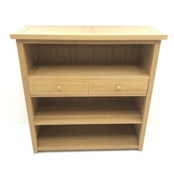 Light oak open bookcase storage unit, two shelves, two drawers, stile supports, W126cm, H128cm, D48cm