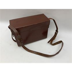 Post-WW2 stitched leather carrying case for an Exploder Dynamo-Condenser Mk.1 with baize lined fitted interior and carrying strap dated 1956 L28cm