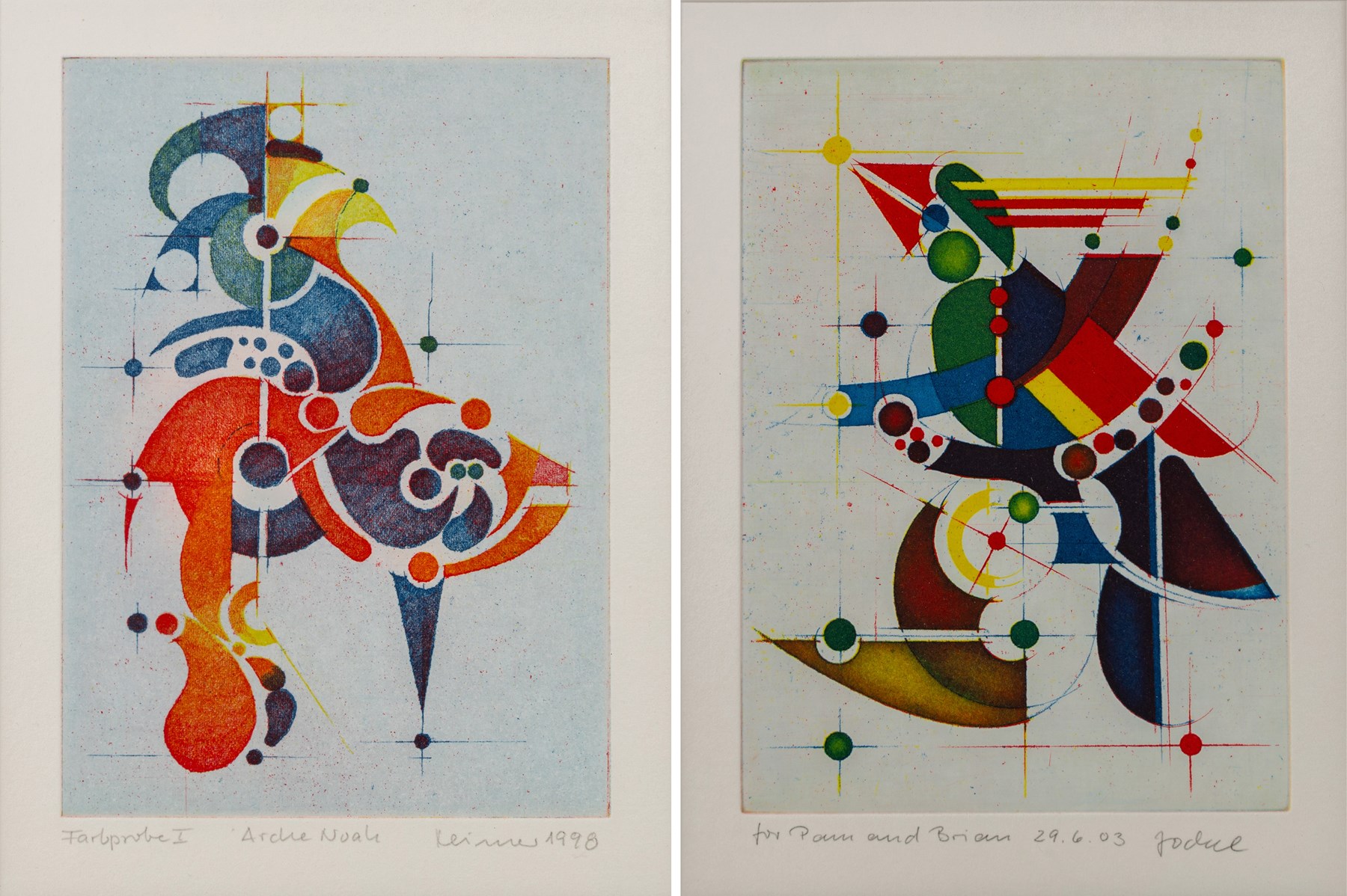 Hans-Joachim 'Jockel' Reisner (German 1938-2023): 'Arche Noah' and Geometric Abstract, pair of coloured etchings signed and dated 1998 and 2003, one titled in pencil 22cm x 15.5cm (2)
Notes: Reisner is best known for creating the Bradford City Fire Memorial in 1986. His style of printmaking is characterised by geometric lines and shapes, influenced by his degree in engineering.
