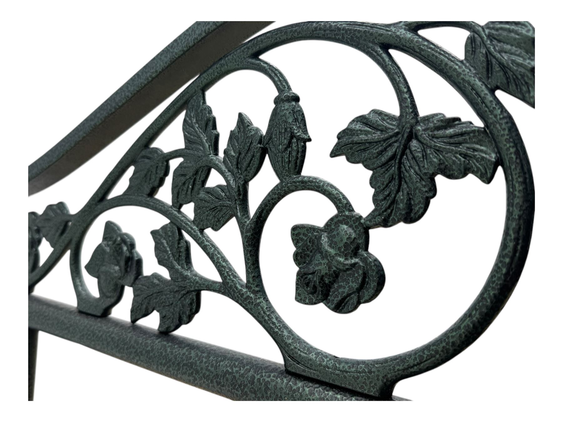 Contemporary metal double bed frame, shaped head and footboards with foliate cast panels and vertical rod supports, the corner posts with urn-shaped finials, finished in a mottled verdigris-style green, with pine slatted base