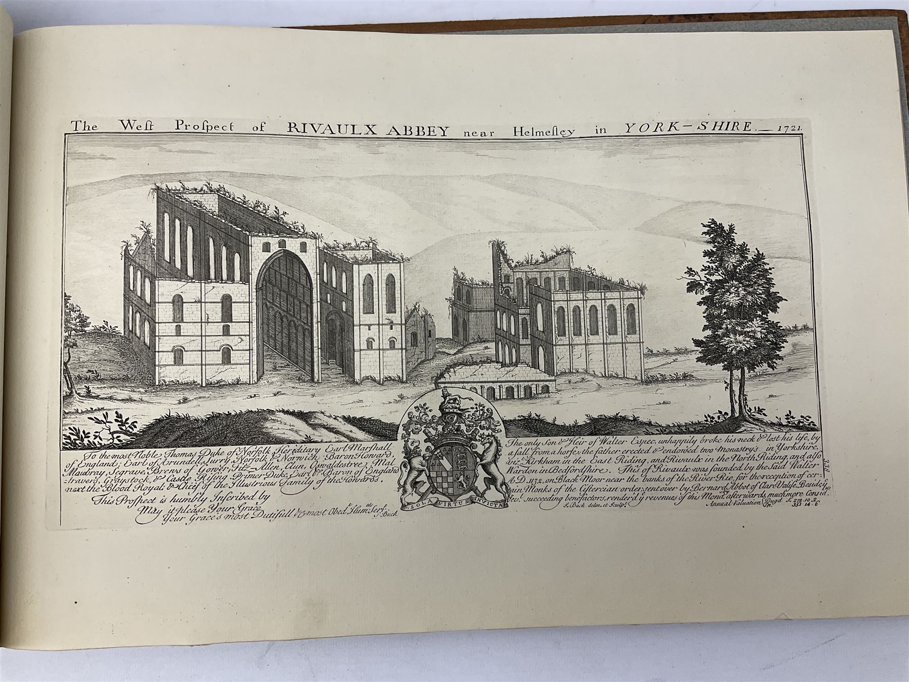 Samuel Buck: Ruins, Abbeys and Castles of Yorkshire. Bound collection of twenty-five engraved views dated 1720 - 1728 including Burstal Abbey Hull, Bolton Abbey, Whitby Abbey, Scarborough Castle, Malton Priory etc and list of subscribers; oblong folio; mottled half leather and suede binding by Etherington, Thorpe & Co., Pudsey