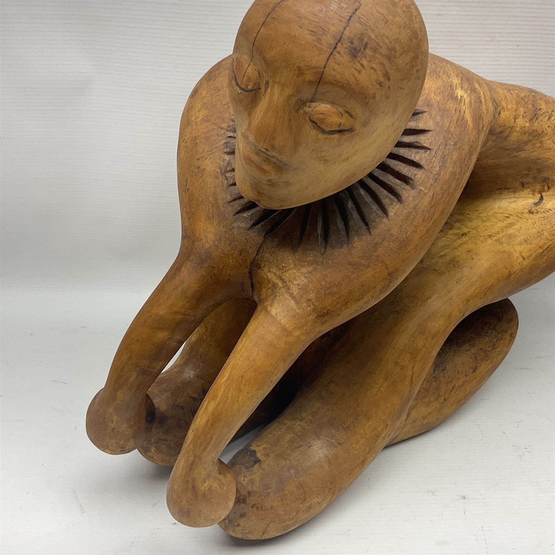 Helen Skelton (British 1933 – 2023): Three carved wooden abstract sculptures, each modelled as a a figure, tallest H52cm. Born into an RAF family in 1933 in Kent and travelled the world extensively during her childhood. After settling in Bridlington, Helen immersed herself in painting, textiles, and wood sculpture, often inspired by nature's beauty. Her talent was showcased in a one-woman show at Sewerby Hall and recognised with the sculpture prize at Ferens Art Gallery in 2000. Sadly, Helen’s daughter passed away from cancer in 2005. This loss inspired Helen to donate her sculptures to Marie Curie upon her passing in 2023.