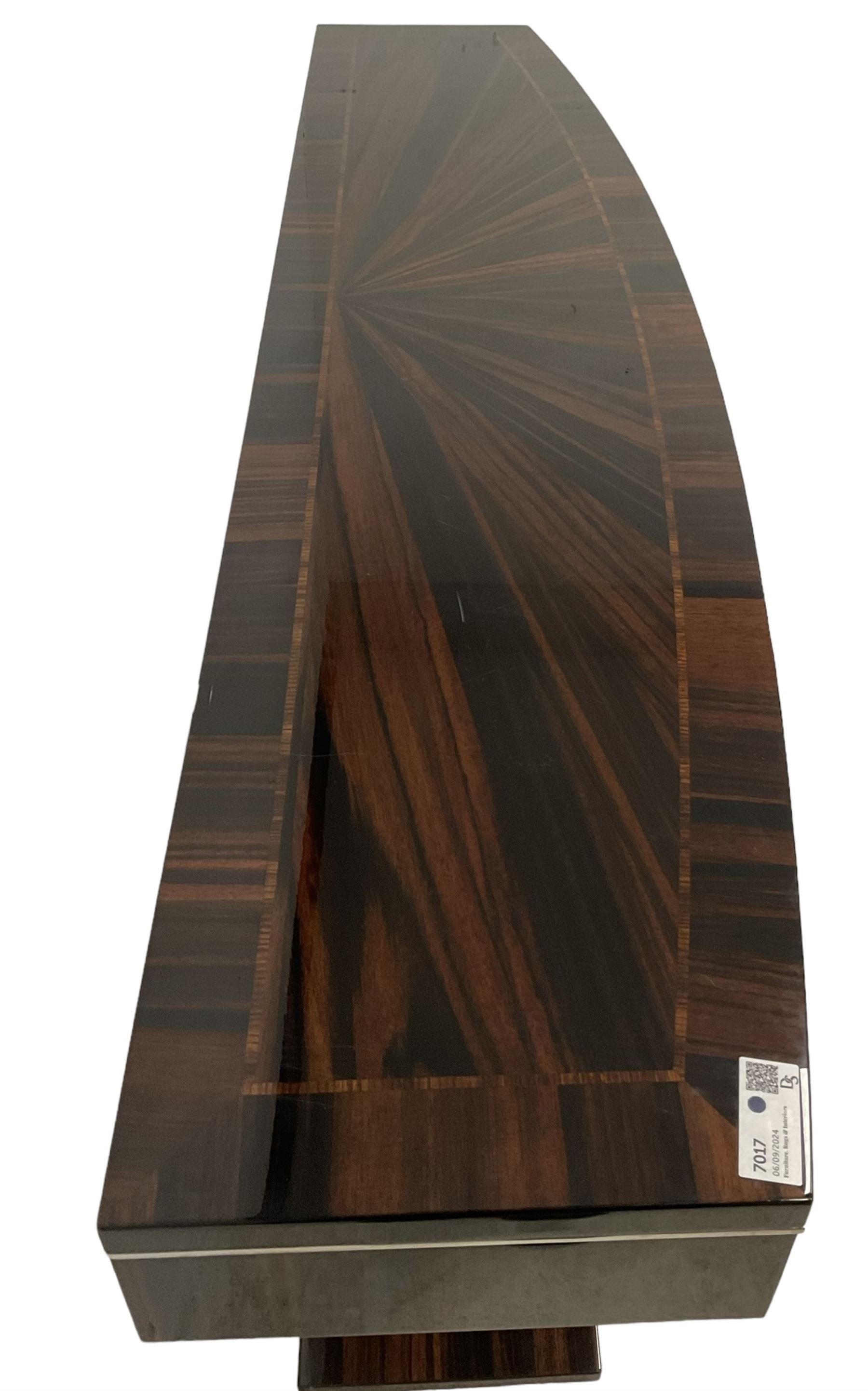 Giorgio Collection - Art Deco design macassar ebony 'Luna' console table, rectangular bow-front top with cross-banding and sun-burst veneer, fitted with single drawer, raised on a curved U-shaped base, retailed by Harrods