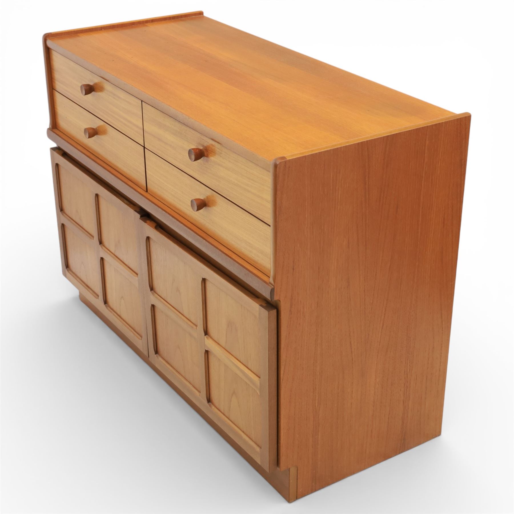 Nathan - 'Squares' pair of sideboards, rectangular top over four short drawers, above signature square panelled cabinet doors on a recessed plinth base